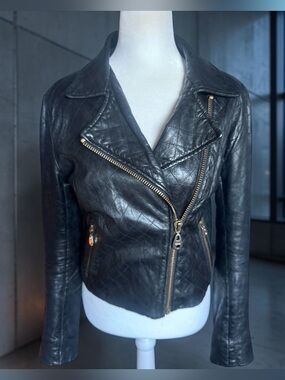 Doma Black Quilted Lambskin Leather Moto Jacket with Gold Zippers